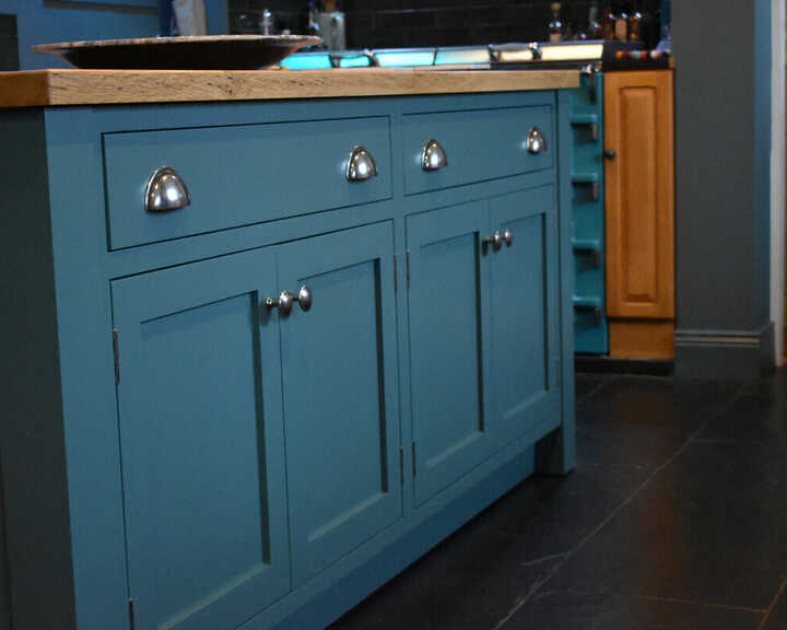 handmade kitchen cabinets in blue